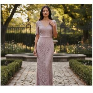 Adrianna Papell Gown – Shimmering Mauve Lace Ribbon Waist & Column Skirt